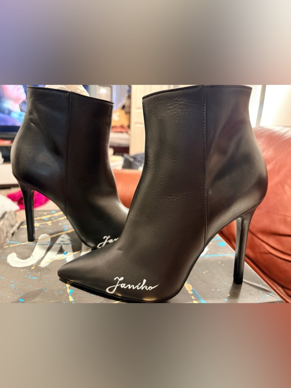 Janiko NWT Black Leather Pointed Toe Ankle Booties hand painted Script Detail